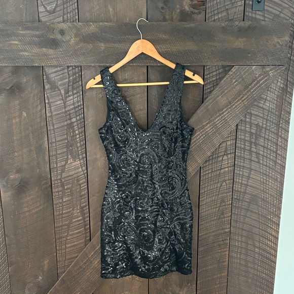 Revamped Dresses & Skirts - Black V-Neck Sequin Mini Dress